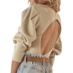 Free People Sweater Knit Cut Out Back Oatmeal Beige Tan Top 🧸